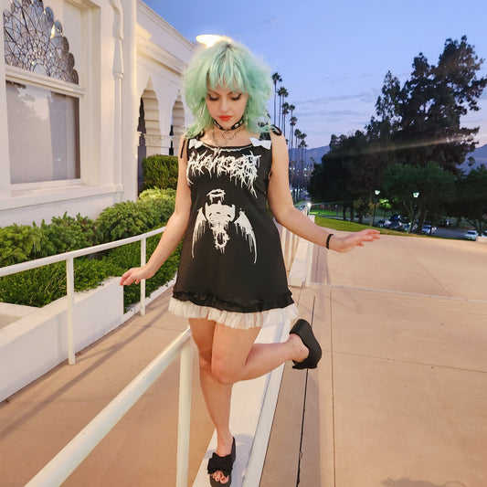 Y2k Death Metal Creepy Cute Print Dress Spaghetti Strap Sleeveless Gothic Mini Dress Japanese