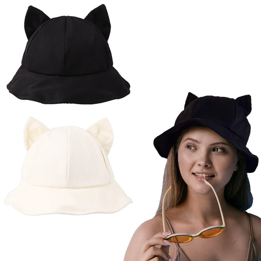 Women Cute Cat Ears Bucket Hat Summer Spring UV Protect Sunshade Foldable Fisherman Panama Y2K Hip-Hop Street Caps Girls Boys